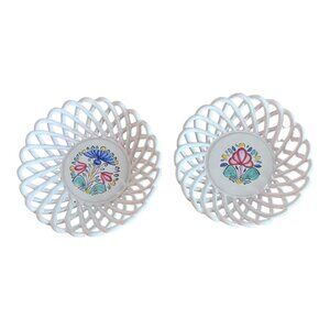 Vintage Hand-Painted Reticulated Porcelain Basket Weave Bowls With Floral Design